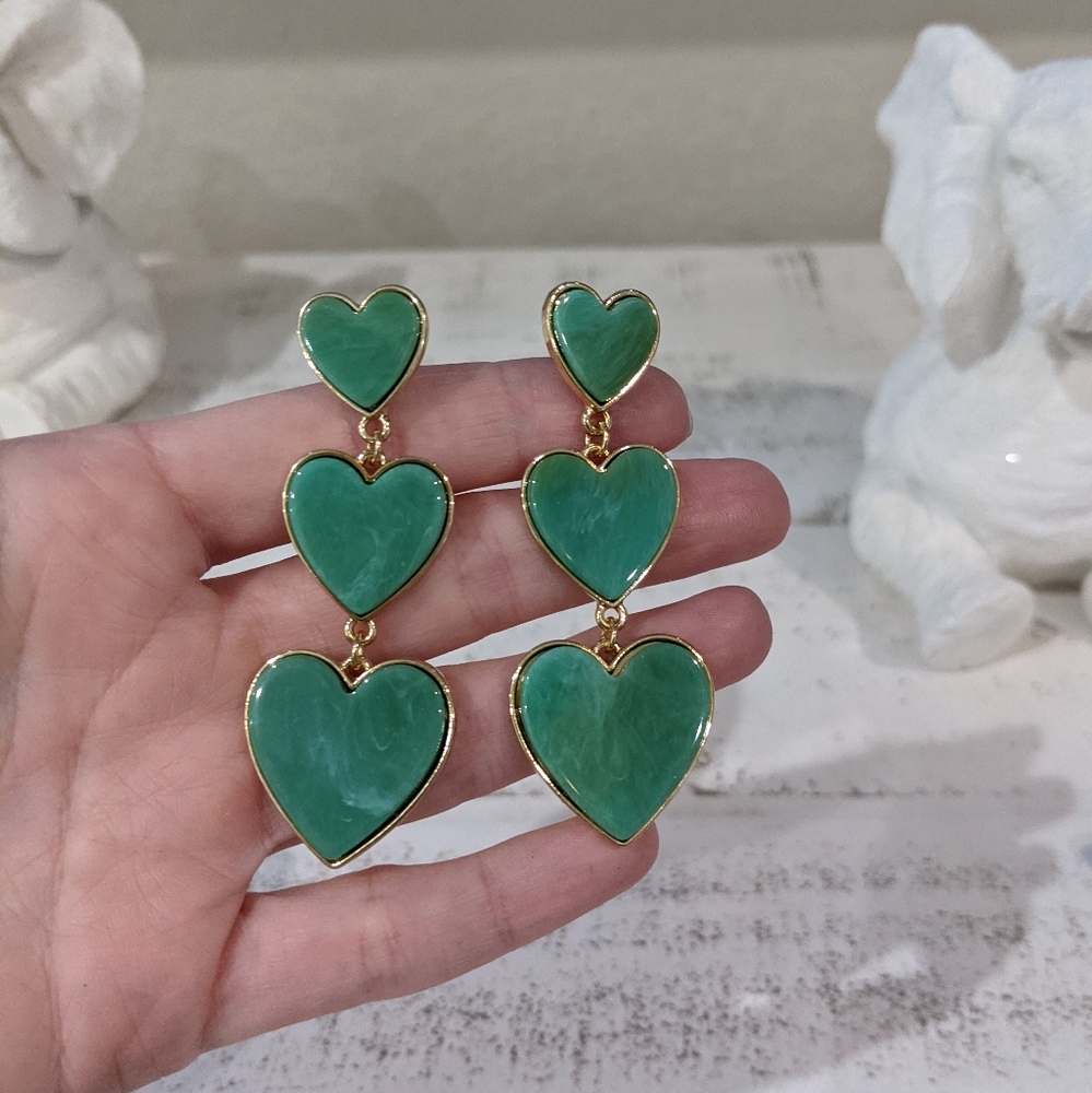 Green and gold heart drop earrings